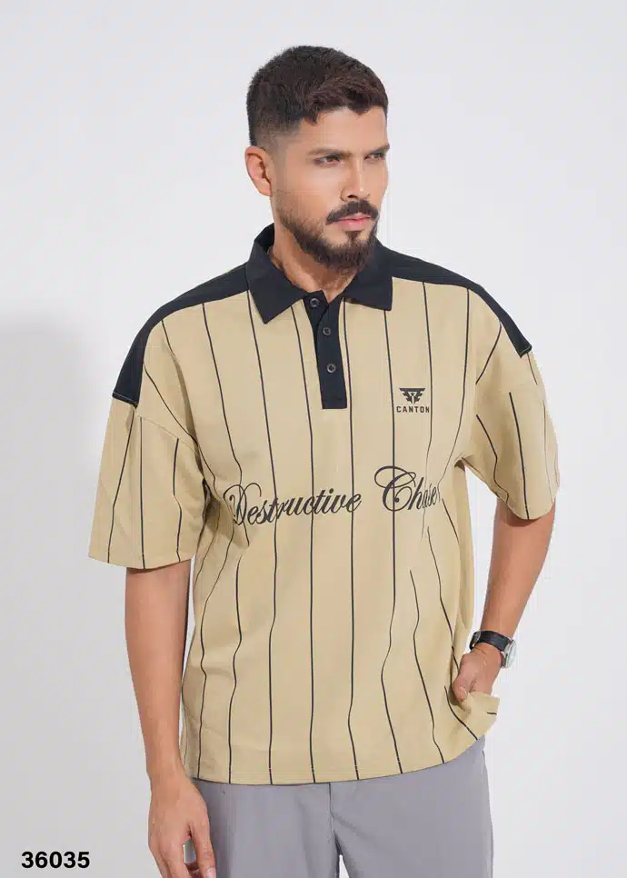 SAND DUNE PINSTRIPE POLO SHIRT - KHAKI
