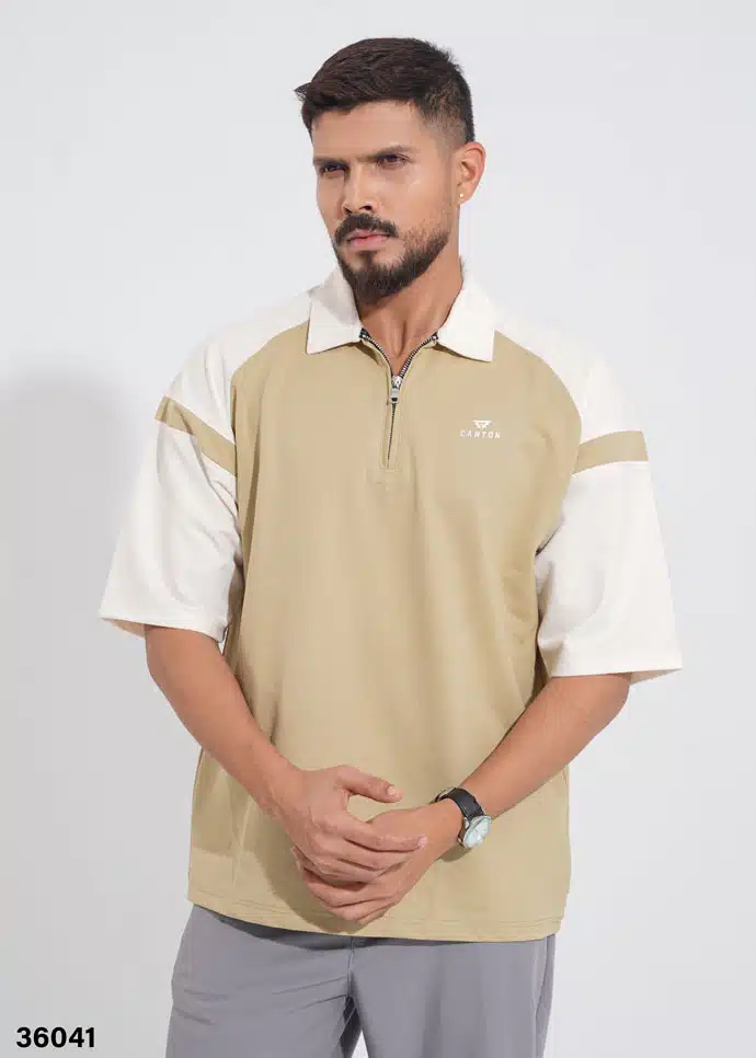 THE DRIFTER ZIP-NECK POLO SHIRT - LIGHT KHAKI - Image 3