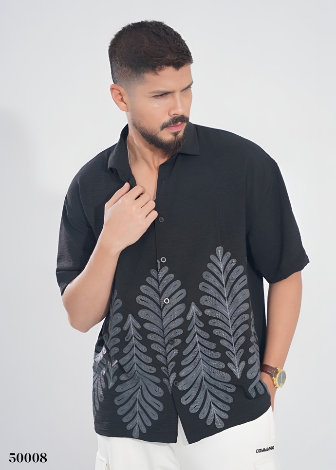 MIDNIGHT PALM HALF SHIRT - BLACK