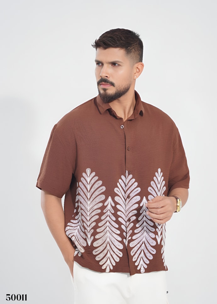 MIDNIGHT PALM HALF SHIRT - COFFEE