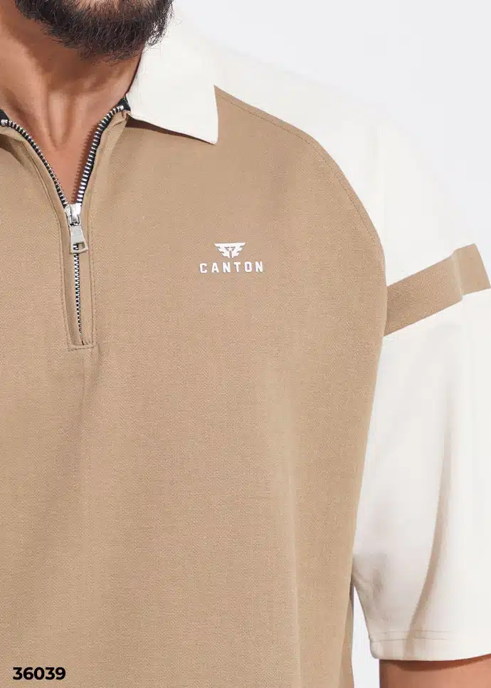 THE DRIFTER ZIP-NECK POLO SHIRT - Sand Beige & Off White - Image 2
