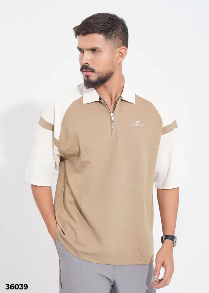 THE DRIFTER ZIP-NECK POLO SHIRT - Sand Beige & Off White