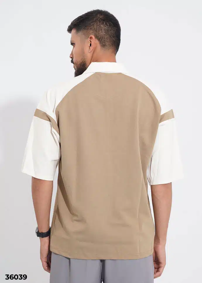 THE DRIFTER ZIP-NECK POLO SHIRT - Sand Beige & Off White - Image 3