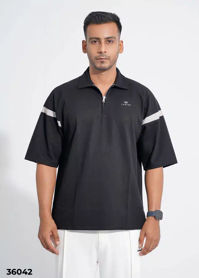 THE DRIFTER ZIP-NECK POLO SHIRT - Jet Black & White
