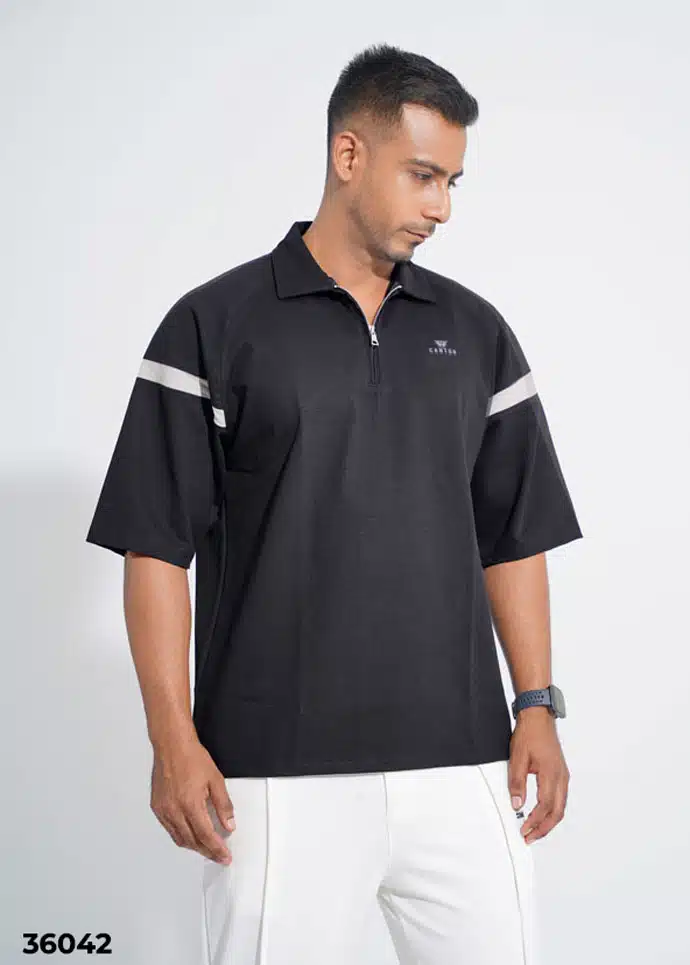 THE DRIFTER ZIP-NECK POLO SHIRT - Jet Black & White - Image 3